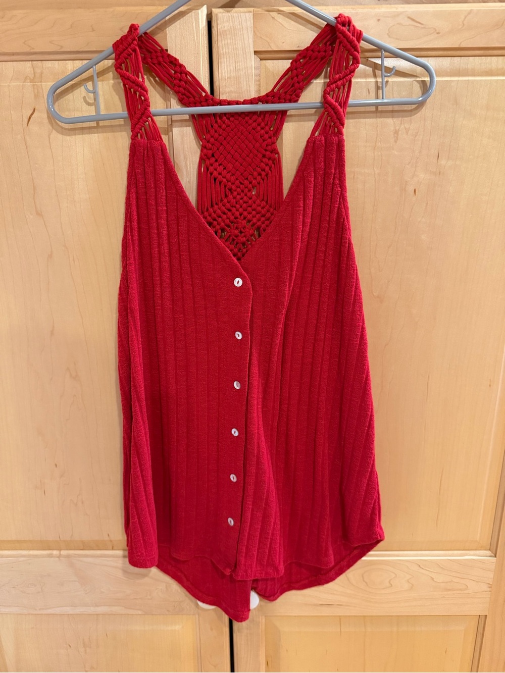 Red Crochet-Back Button Front Women's Tank Top
